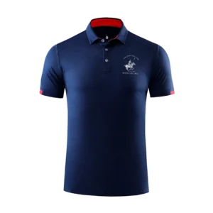 POLO AZUL MARINO CON CUELLO ROJO.